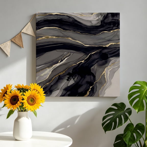 Abstract Lines Canvas Wall Art, Deep Black Charcoal Gray Water Ripples Gold Embellished Framed Canvas Wall Decor Picture Print Artwork Decorations for Living Room Office Ready to Hang 8" x 8"
