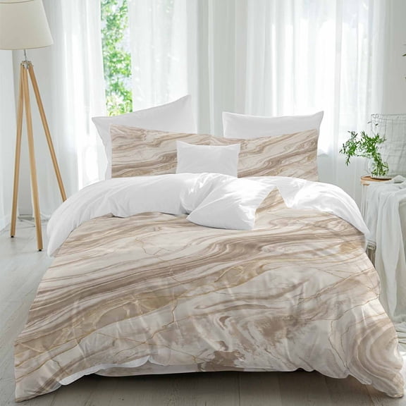 Abstract Lines Comforter Set Twin Size, Granite Brown Marble Texture Wood Grain Soft Bedding Set for Man Woman, 4 Pieces Duvet Cover Set with Fitted Sheet, 2 Pillowcases