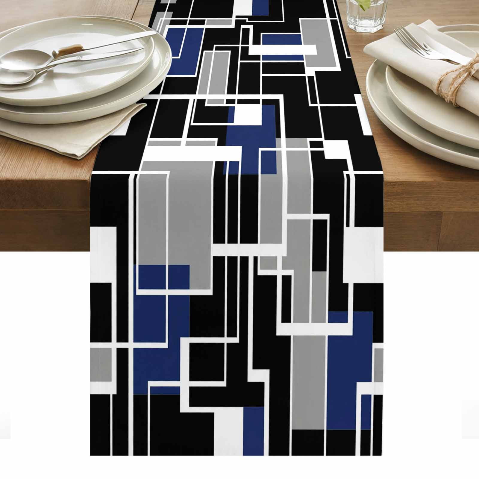 Abstract Lines Cotton Linen Table Runner Black Gray Navy Rectangle ...