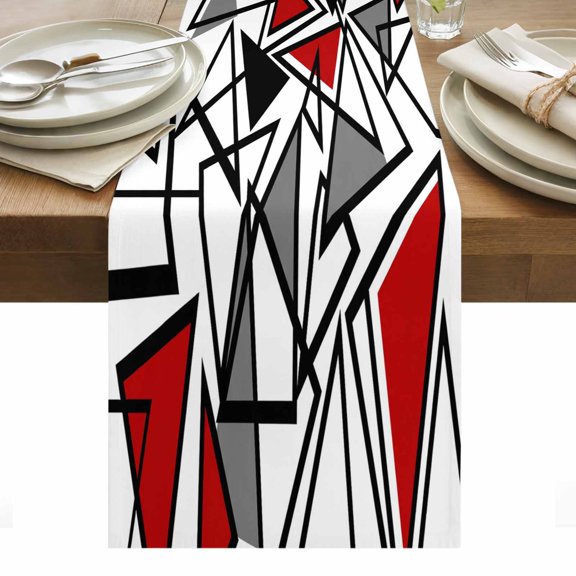 Abstract Lines Cotton Linen Table Runner Black Gray Red Triangle Geometric Modern Dining Table Runners for Home Decor Party Dining Room Restaurant Kitchen Party 13" x 36"