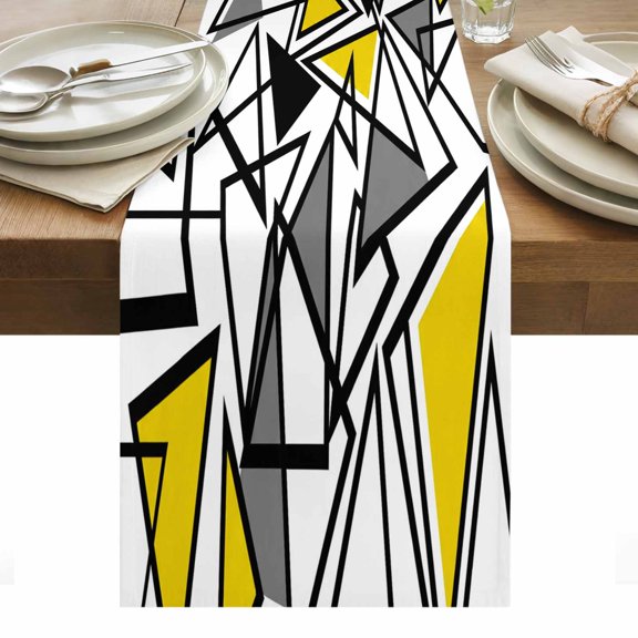 Abstract Lines Cotton Linen Table Runner Black Gray Yellow Triangle Geometric Modern Dining Table Runners for Home Decor Party Dining Room Restaurant Kitchen Party 13" x 60"