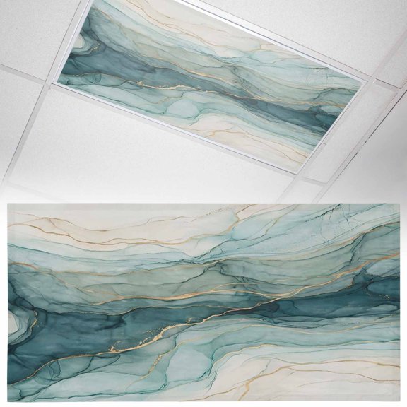 Abstract Lines Fluorescent Light Covers Green Gradient Charcoal Ripples Gold Embellished Magnetic Light Filters Ceiling Lighting Panel Shade for Classroom Office Home 2 x 4 ft, 1 Pack