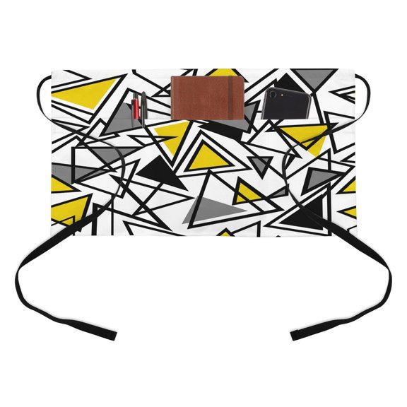 Abstract Lines Half Waist Apron Black Gray Yellow Triangle Geometric Modern Short Waiter Aprons with 3 Pockets for Women Men Kitchen Restaurant Cooking