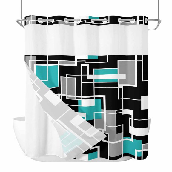 Abstract Lines No Hook Shower Curtain with Snap in Liner Black Gray Blue Rectangle Geometric Modern Waterproof Bathroom Shower Curtain with See Through Top Window for Bathtub 72" x 72"