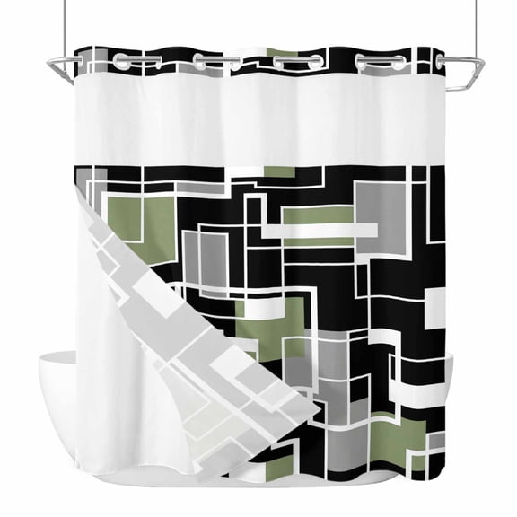 Abstract Lines No Hook Shower Curtain with Snap in Liner Black Gray Green Rectangle Geometric Modern Waterproof Bathroom Shower Curtain with See Through Top Window for Bathtub 72" x 72"