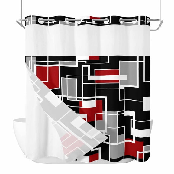 Abstract Lines No Hook Shower Curtain with Snap in Liner Black Gray Red Rectangle Geometric Modern Waterproof Bathroom Shower Curtain with See Through Top Window for Bathtub 72" x 72"