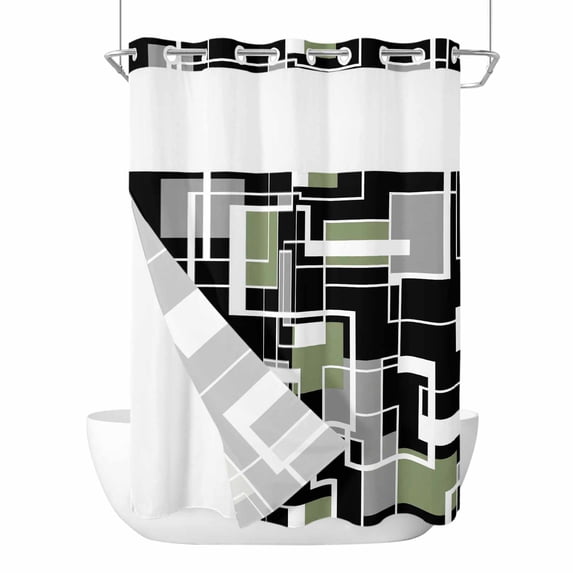 Abstract Lines No Hook Shower Curtain and Snap in Liner Set, Black Gray ...