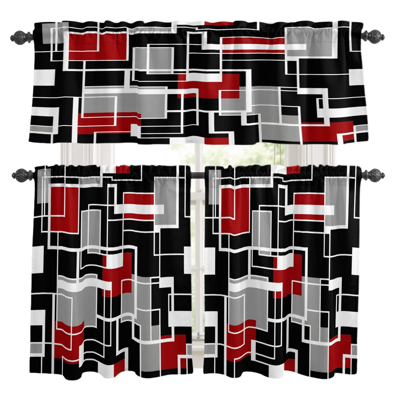 Rectangular Curtains Abstract Lines Kitchen Curtains Set for Windows, Black Gray Red ...