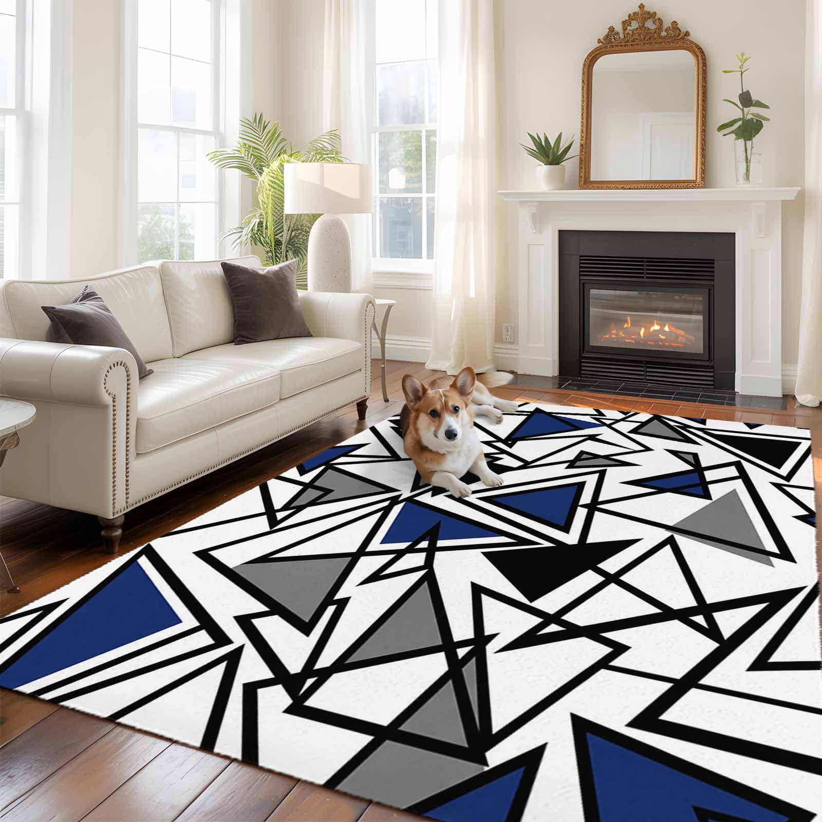 Abstract Lines Large Area Rugs 6x9 ft Black Gray Blue Triangle ...
