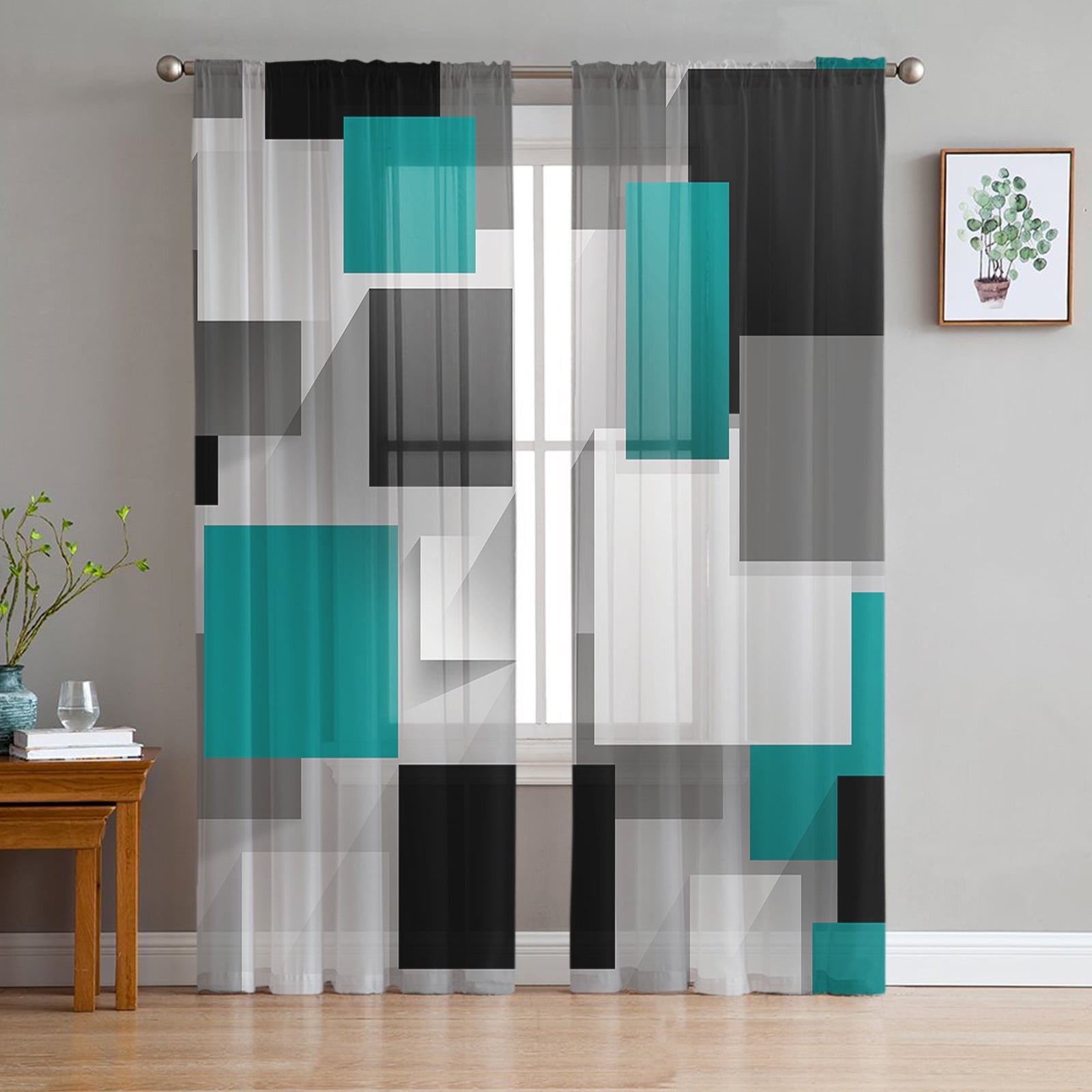 Abstract Lines Orange Tulle Curtains for Living Room Geometric Sheer