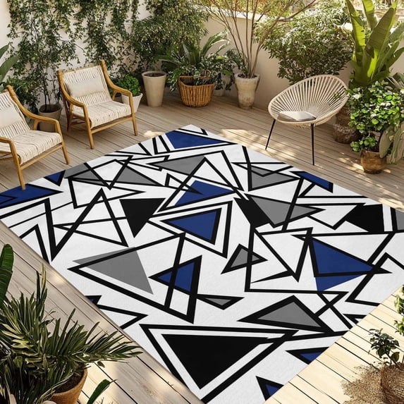 Abstract Lines Outdoor Rug, Black Gray Blue Triangle Geometric Modern ...