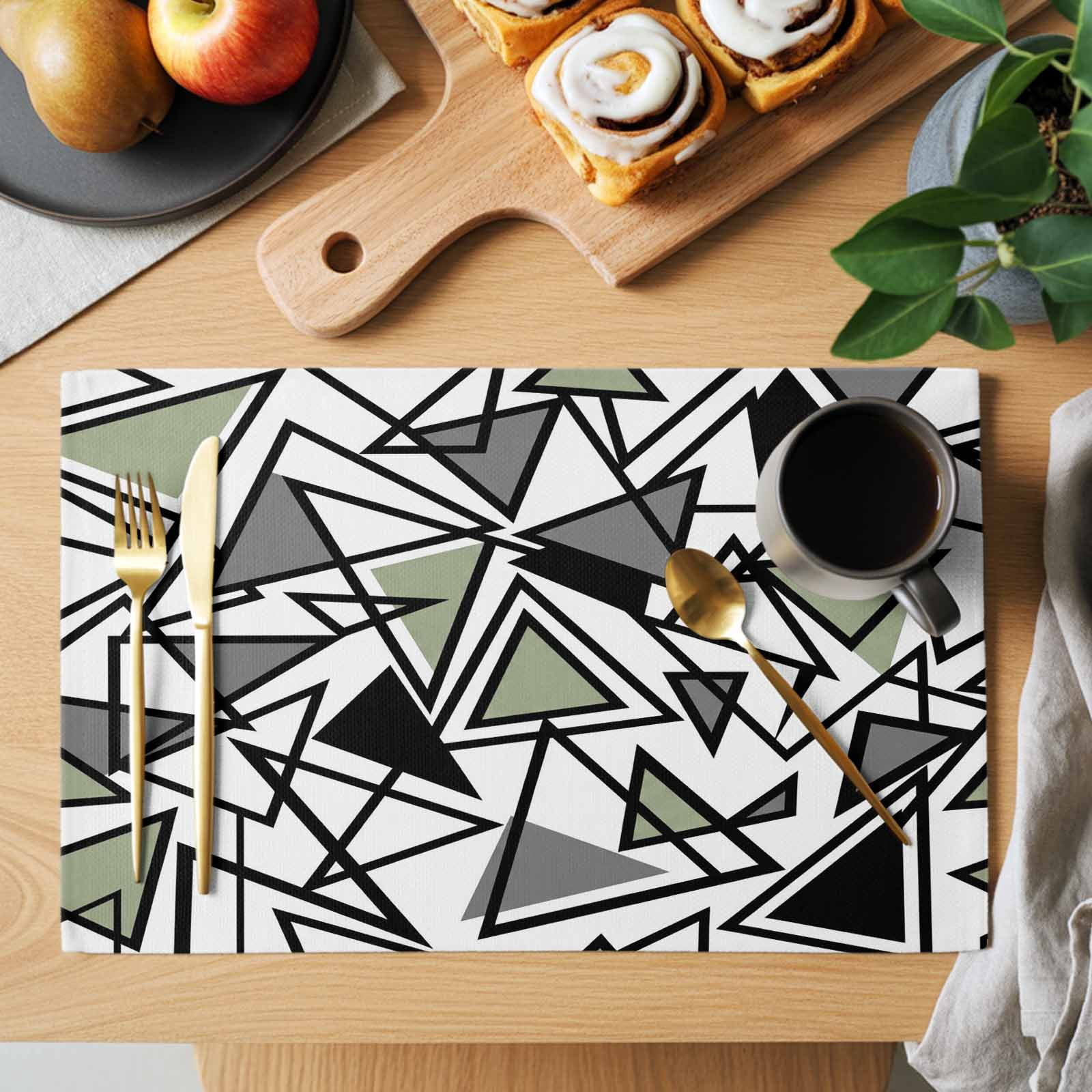 Abstract Lines Placemats Set of 1, Black Gray Green Triangle Geometric ...