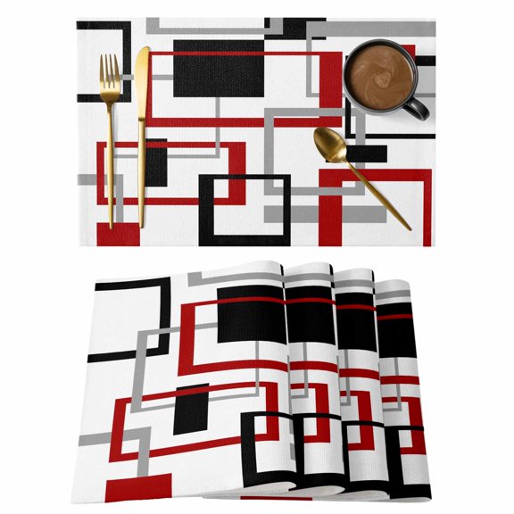 Abstract Lines Placemats Set of 4 Black Red Geometric Square Frame Heat Insulation Washable Place Mats, Non-Slip Table Mats for Dining Table Party Kitchen Decor,13x19 Inch