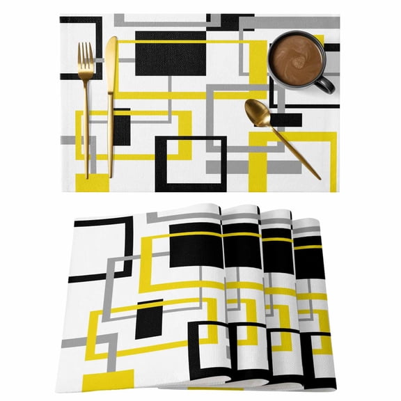 Abstract Lines Placemats Set of 4 Black Yellow Geometric Square Frame Heat Insulation Washable Place Mats, Non-Slip Table Mats for Dining Table Party Kitchen Decor,13x19 Inch