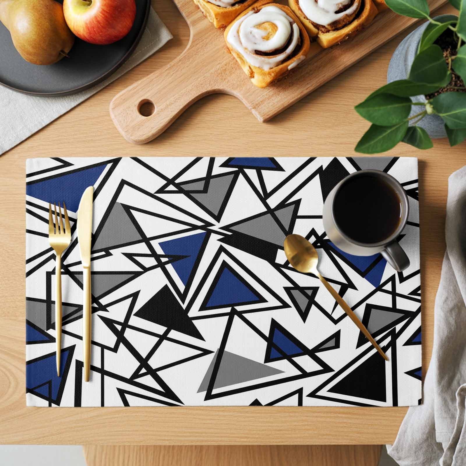 Abstract Lines Placemats Set of 8, Black Gray Blue Triangle Geometric ...