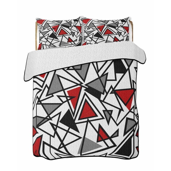 Abstract Lines Quilts Bedding Set Full Size Black Gray Red Triangle Geometric Modern Lightweight Quilted Bedspread 3 Piece Bed Quilt with 2 Pillow Shams All Season for Bedroom 68" x 98"