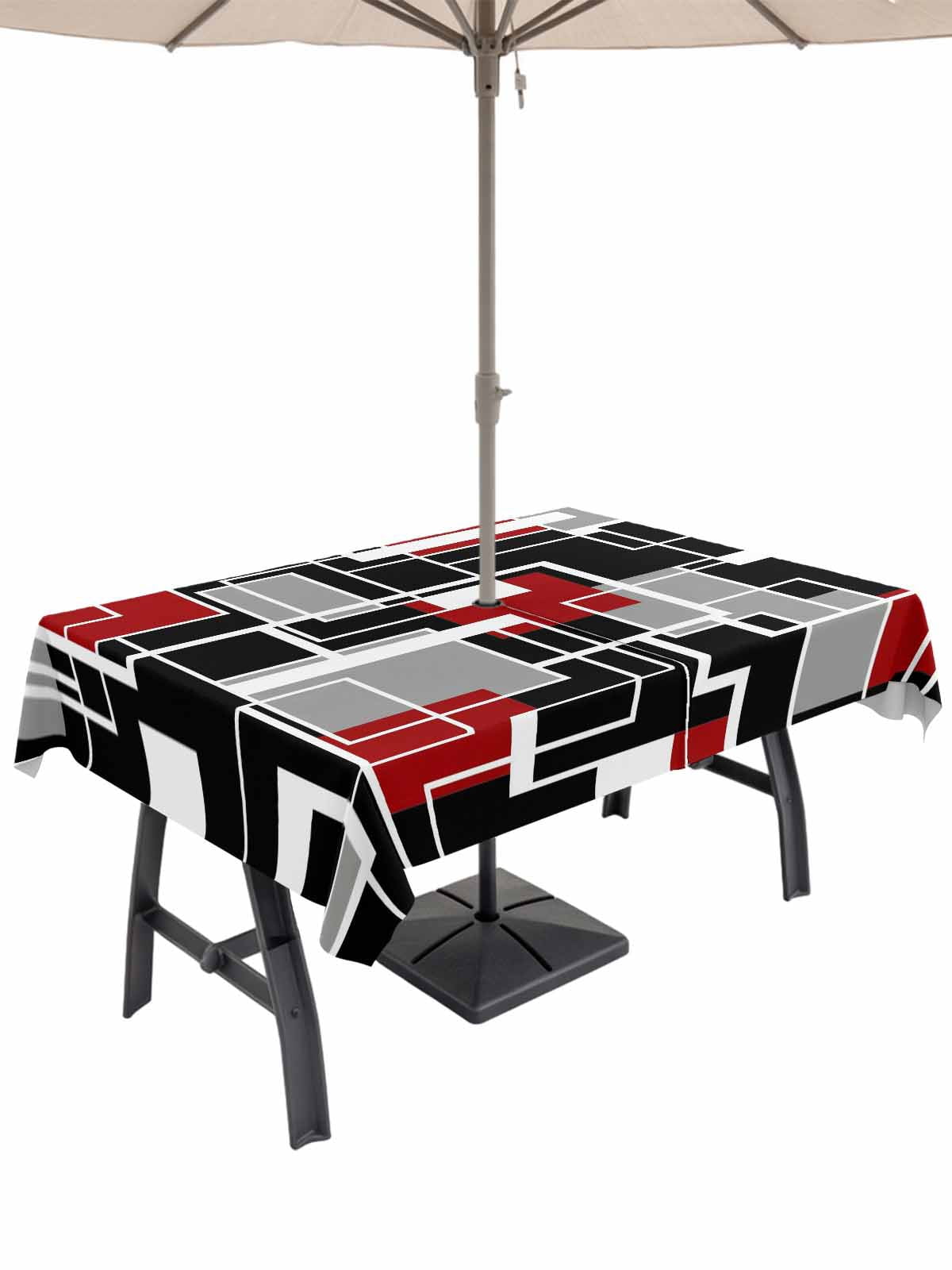 Abstract Lines Rectangle Outdoor Tablecloth with Umbrella Hole Black ...