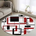 thumbnail image 1 of Abstract Lines Round Area Rugs 3 ft, Black Red Geometric Square Frame Washable Small Area Rug with Non-Slip Sturdy Edge Binding Round Front Door Mat Floor Carpet for Entryway, 1 of 9