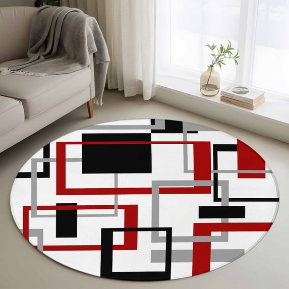 Abstract Lines Round Area Rugs 3 ft, Black Red Geometric Square Frame Washable Small Area Rug with Non-Slip Sturdy Edge Binding Round Front Door Mat Floor Carpet for Entryway