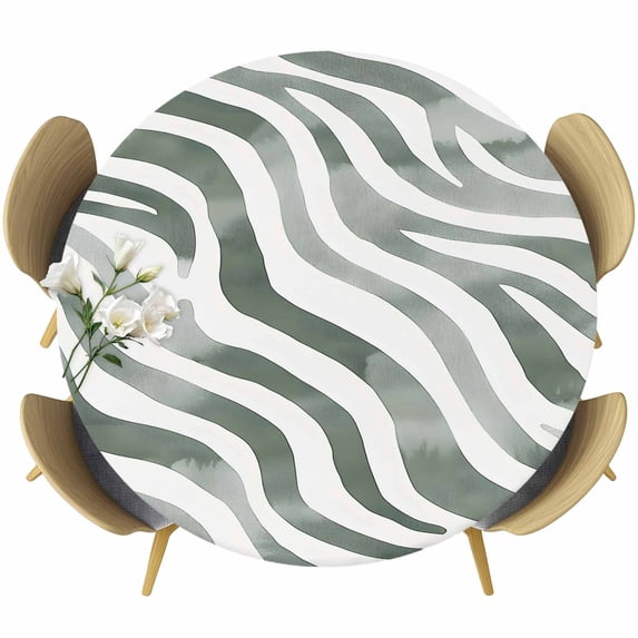 Abstract Lines Round Fitted Table Cover White Green Water Ripple Modern Art Waterproof Table Cloth with Elastic Edge Wipeable Tablecloth for Picnic Camping Party Fits 55"-60" Diameter