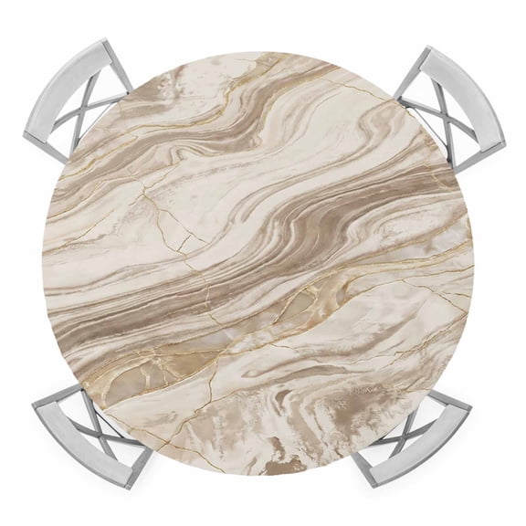 Abstract Lines Round Table Cover, Granite Brown Marble Texture Wood Grain Waterproof Fitted Tablecloths for 36"-44" Tables, Washable Picnic Table Cover for Camping Dining Indoor Outdoor