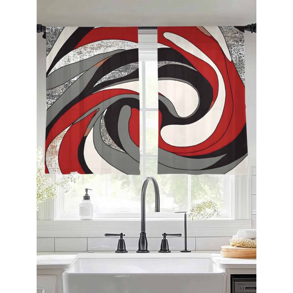 Abstract Lines Sheer Curtains 54 Inches Long 2 Panels Black and Red Classic Match Light Filtering Semi Sheer Window Curtains Drapes for Bedroom Living Room 52"x54"