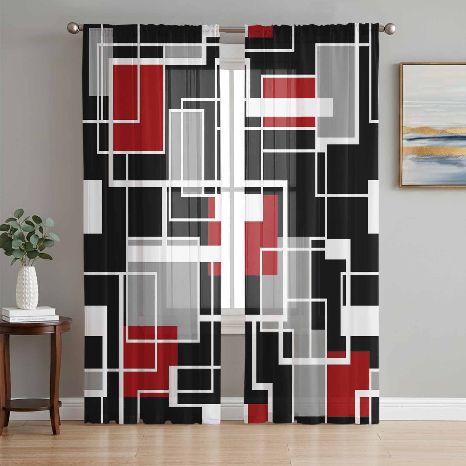 Abstract Lines Sheer Curtains for Living Room Bedroom, Black Gray Red ...