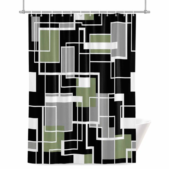 Abstract Lines Shower Curtain, Black Gray Green Rectangle Geometric Modern Waterproof Shower Curtain Set with 12 Hooks Lightweight Bath Curtains Fabric Bathroom Decor 72x72 Inches