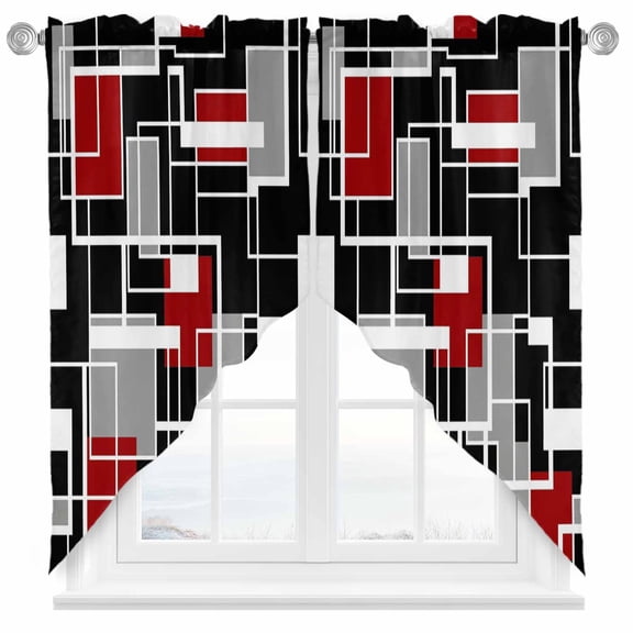 Abstract Lines Swag Kitchen Curtain Valances, Black Gray Red Rectangle Geometric Modern Rod Pocket Curtains Window Treatment Decor Valances for Bedroom Bathroom, 2 Panels 36 x 36 Inch