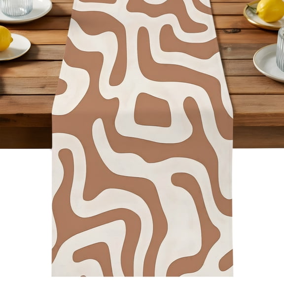 Abstract Lines Table Runner, Brown Water Ripple Modern Art Simple Style Cotton Linen Table Cloth, Tablerunner for Kitchen Dining Party Wedding Home Decor 13x36 Inch