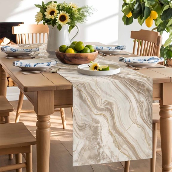 Abstract Lines Table Runner, Granite Brown Marble Texture Wood Grain Washable Kitchen Table Runners Dress Scarves for Dining Table Decorations Party/Restaurant/Indoor Outdoor Use, 13x72in