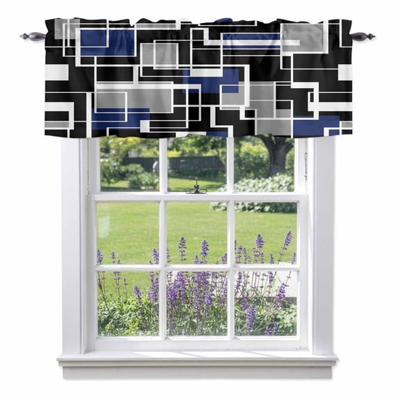 Abstract Lines Valance Curtain Black Gray Navy Rectangle Geometric ...