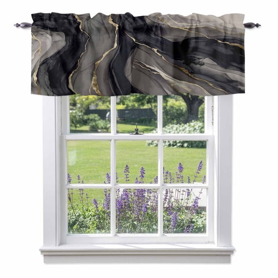 Abstract Lines Valance Curtain Deep Black Charcoal Gray Water Ripples ...