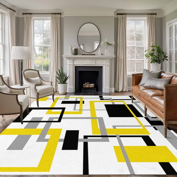 Abstract Lines Washable Living Room Rugs 5'x7', Black Yellow Geometric Square Frame Low Pile Throw Large Area Rugs Non-Slip Sturdy Edge Binding Carpet for Dining Room Bedside Kitchen