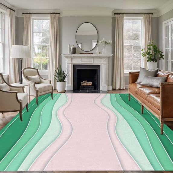 Abstract Lines Washable Living Room Rugs 8'x10', Green Pink Waves Modern Style Simple Low Pile Throw Large Area Rug Non-Slip Sturdy Edge Binding Carpet for Bedroom Dining Room Office