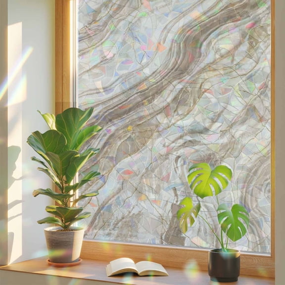 Abstract Lines Window Privacy Film, Granite Brown Marble Texture Wood Grain Stained Glass Rainbow Film Decorative Window Clings, Static Cling Sun Blocking Stickers 17.7" x 39.3"