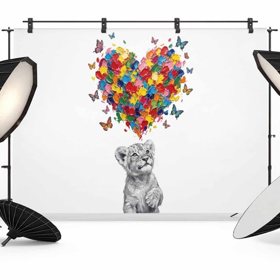 Abstract Lion Photography Backdrop 7x5FT, Colored Heart Paint Red Blue Yellow Pink Butterfly Photo Backdrops, Background for Photography Studio Photo Studio Background, Back Drop for Photoshoot
