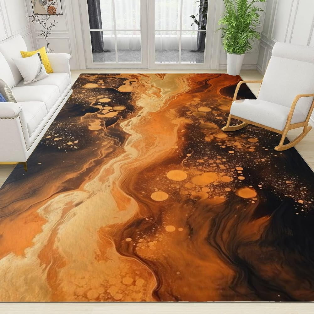 Abstract Liquid Marble Texture Area Rugs Luxury Black Gold Burnt Orange ...