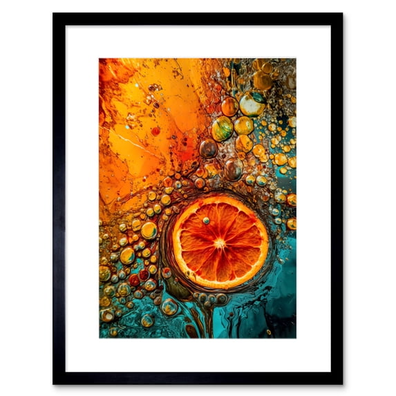 Abstract Liquid Paint Dried Orange Fruit Slice Artwork Framed Wall Art Print 9X7 Inch