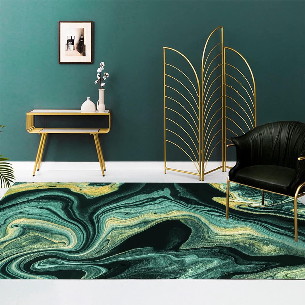 Abstract Liquid Styled Emerald Green Gold Area Rug For Living Room ...