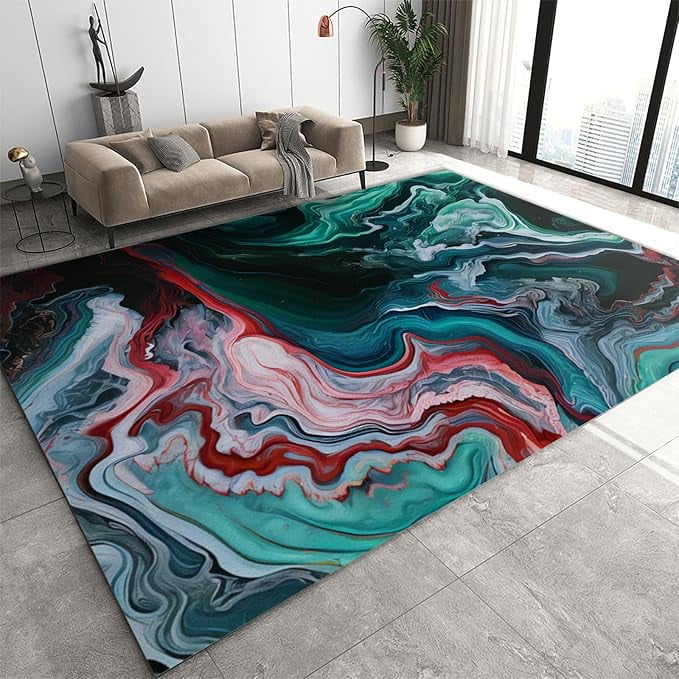 Abstract Liquid Styled Emerald Green Gold Area Rug, Multi-Colored ...