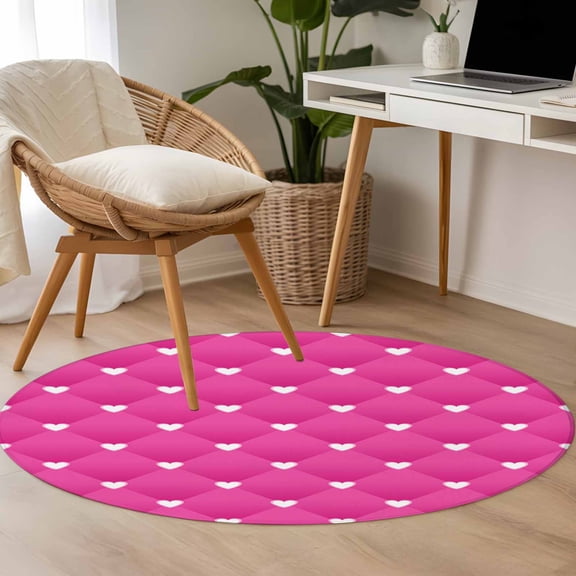 Abstract Love Heart 3.3ft Round Rug for Bedroom Reading Corner, Dark Pink Square Texture Decoration Washable Non Slip Circle Area Rug