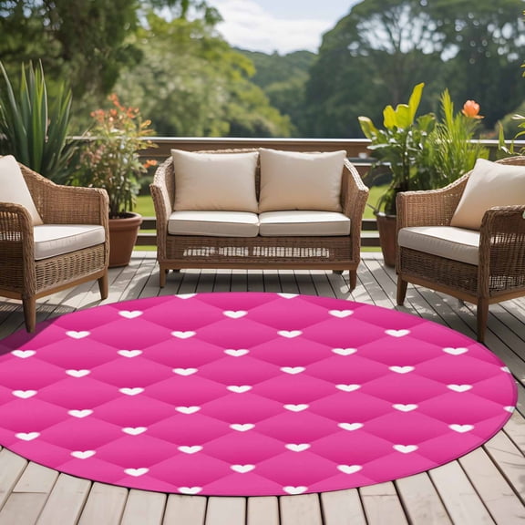Abstract Love Heart 8ft Round Rug for Open Concept Living Room Seating Zone, Dark Pink Square Texture Decoration Washable Non Slip Large Circle Area Rug