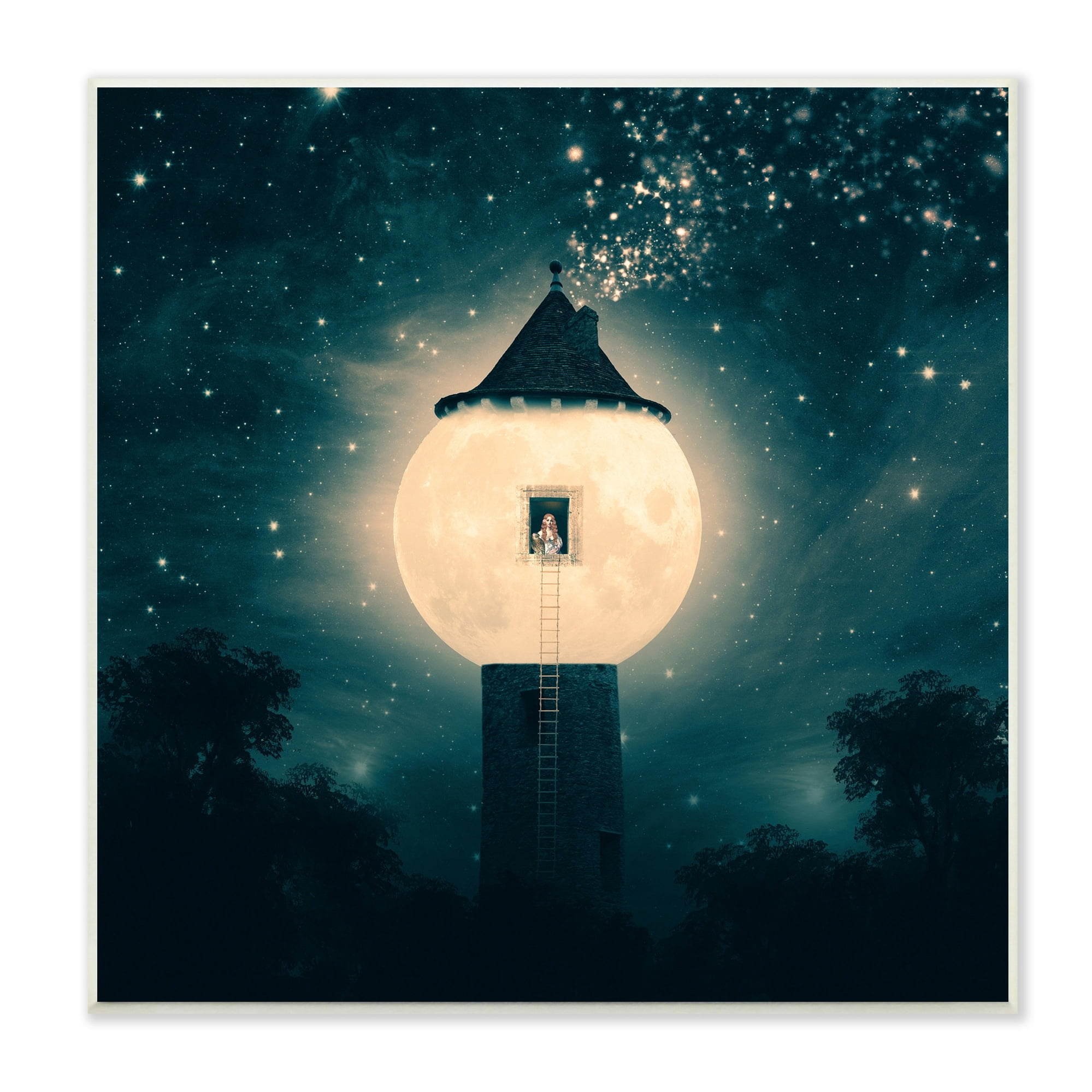 Abstract Lunar Tower Beautiful Starry Sky Forest Novelty Painting Unframed Art Print Wall Art