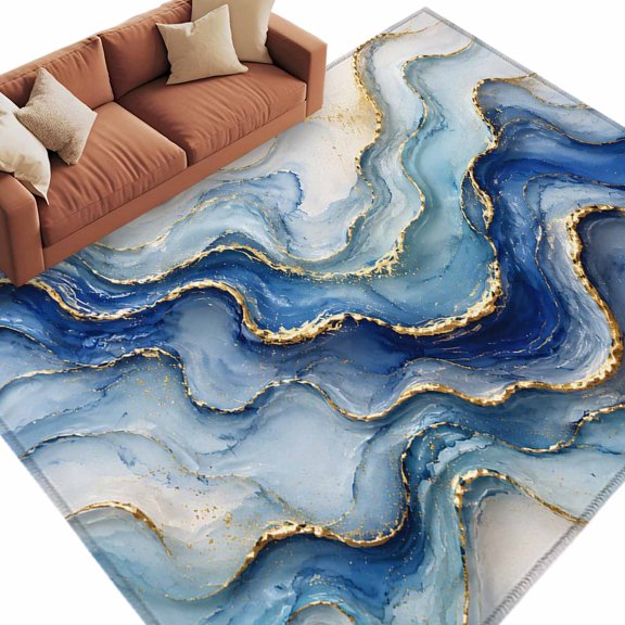 Abstract Mable Area Rug, Modern Minimalist Gradient Blue Gold Ocean Waves Rectangular Non-Slip Absorbent Washable Area Rug Felt Rubber Backing Indoor Carpet for Bedroom Living Room 9x12ft