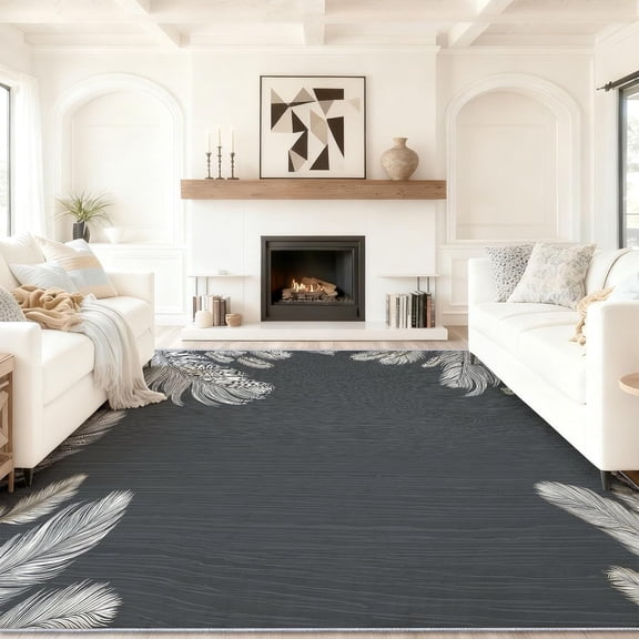 Abstract Machine Washable Area Rug, Washable Feather Stripes Area Rug Non-Slip Grey Foldable Carpet, Ideal for Living Room, Dining Room, King Bedroom, Low-Pile-2' x 3'
