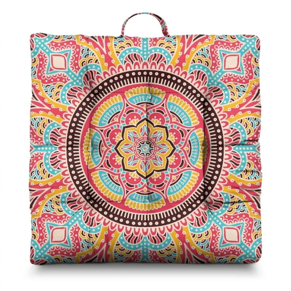 Abstract Mandala Pillow&nbsp;– 22 Inch Large Square Cushion, Ethnic Inspired Symmetrical Mandala, Soft for Fireplace Seating