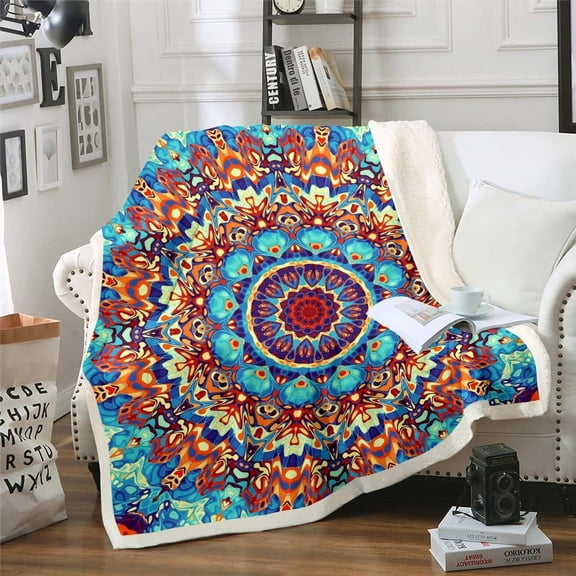 Abstract Mandala Sherpa Blanket Oriental Persian Blanket, Boho Aesthetic Artwork Throw Blanket for Chair 40x50 Size Retro Hippie Fleece Blanket, Vintage Floral Plush Blanket, Red Teal Navy Blue