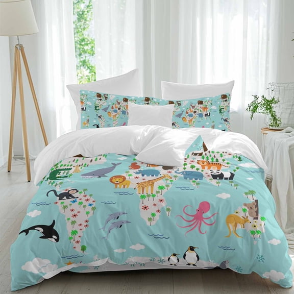 Abstract Map Cartoon Animal Patterns Queen Size Bed Set,Blue Ocean Cloud Palm Tree Bedding for All Seasons,4 Pcs Bed Set,1 Quiltcover (90"x92"),1 Sheet(94"x116"),2 Pillowcases (30"x20")
