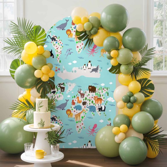 Abstract Map Cartoon Animals Arch Backdrop Cover Spandex Fitted Arch Cover 4FT,Arches Backdrop Stand Covers for Wedding Birthday Party Ceremony Banquet Decoration Blue Ocean Cloud Palm Tree